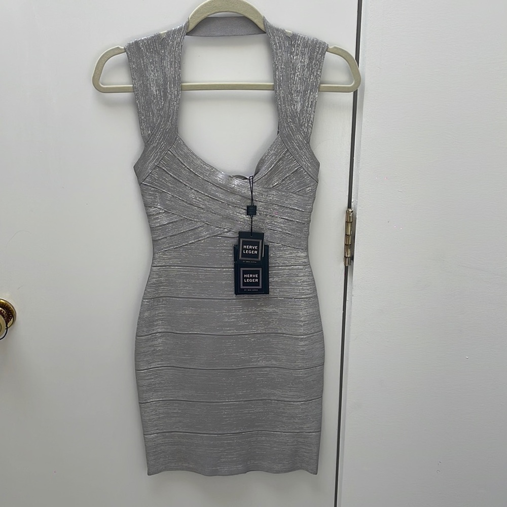 Herve lever silver metallic bodycon dress new with tags XS
